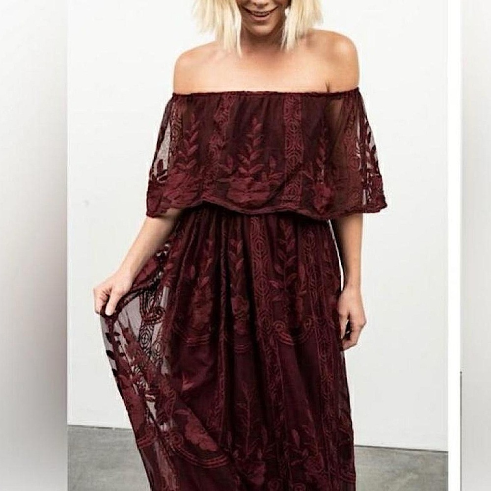 NWT Baltic Born Burgundy Maxi Lace Boho Off Shoulder Dress Large
